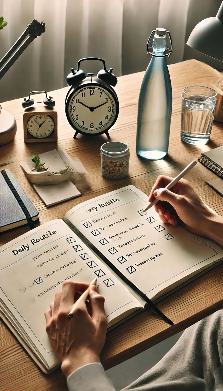 شخص يخطط يومه بدفتر ومكتب مرتب كاستراتيجية لإدارة اليوم بدون توتر