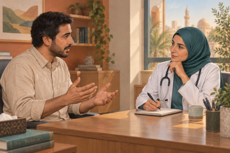 رجل يناقش أعراضه مع طبيبة في عيادة هادئة.
