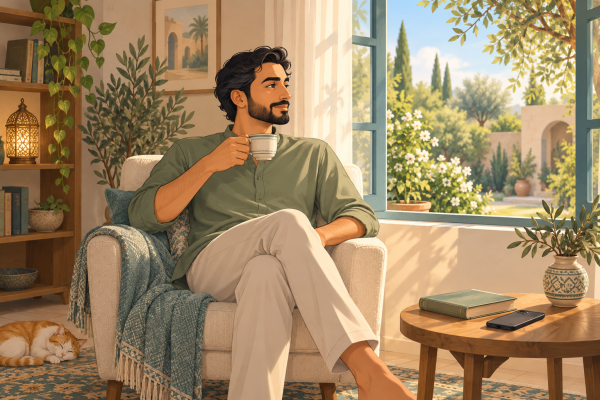 رسم كرتوني لرجل يستمتع بمشروب قرب نافذة تطل على حديقة، وهاتفه جانبًا، تعبيرًا عن فن التباطؤ.